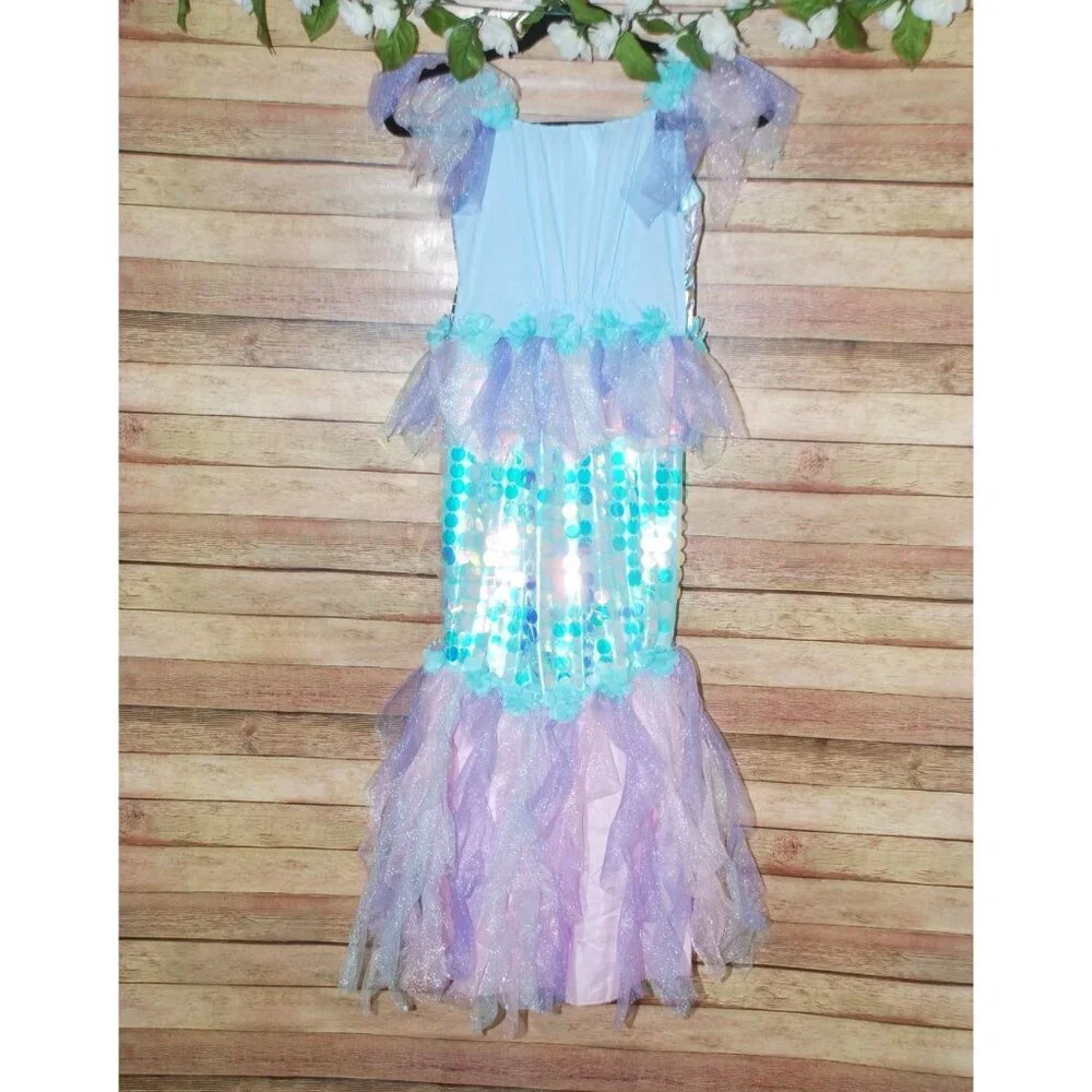 Girls Mystic Mermaid Halloween Costume Dress Size M Blue & Pink Sequin Scales